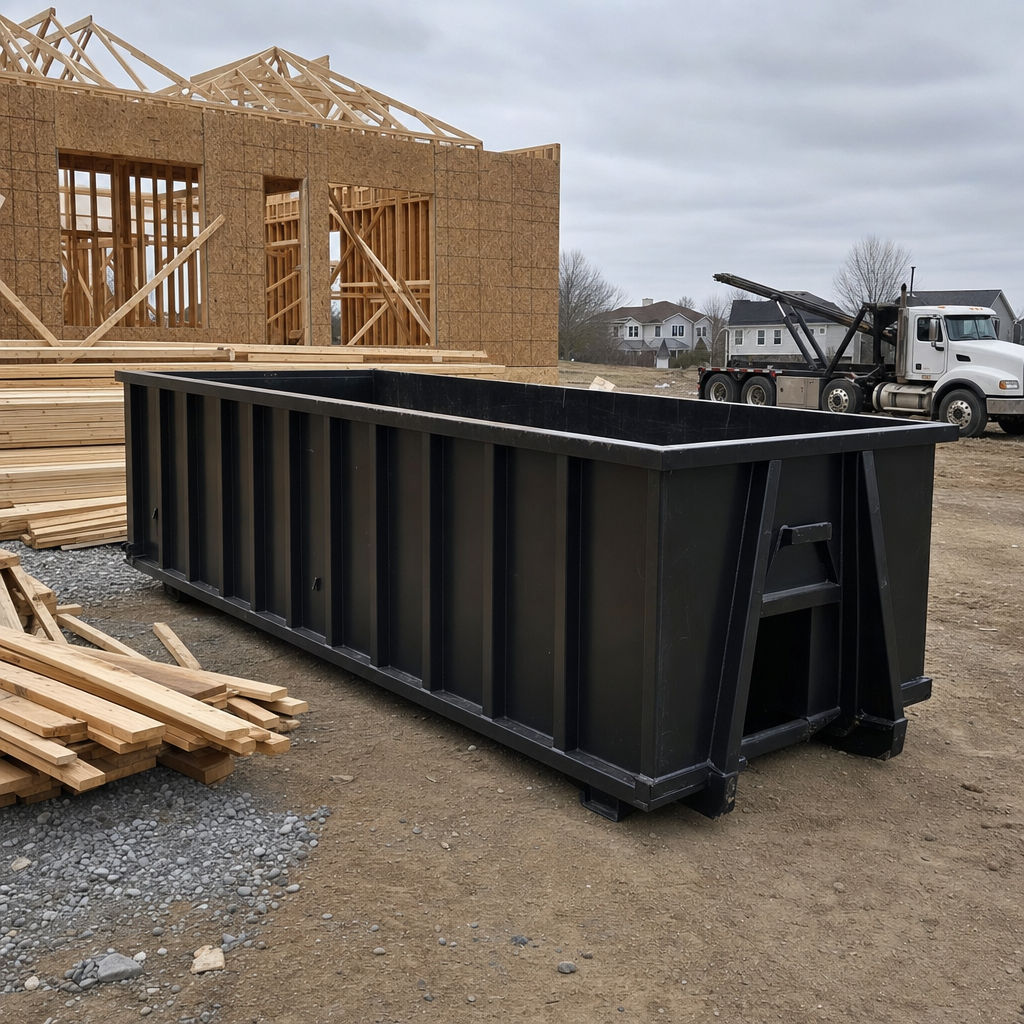 Matte-black 40-yard roll-off dumpster staged on a framed-out residential construction site in Santa Ana, framing lumber stacked nearby, hooklift delivery truck visible in the background under bright Colorado daylight