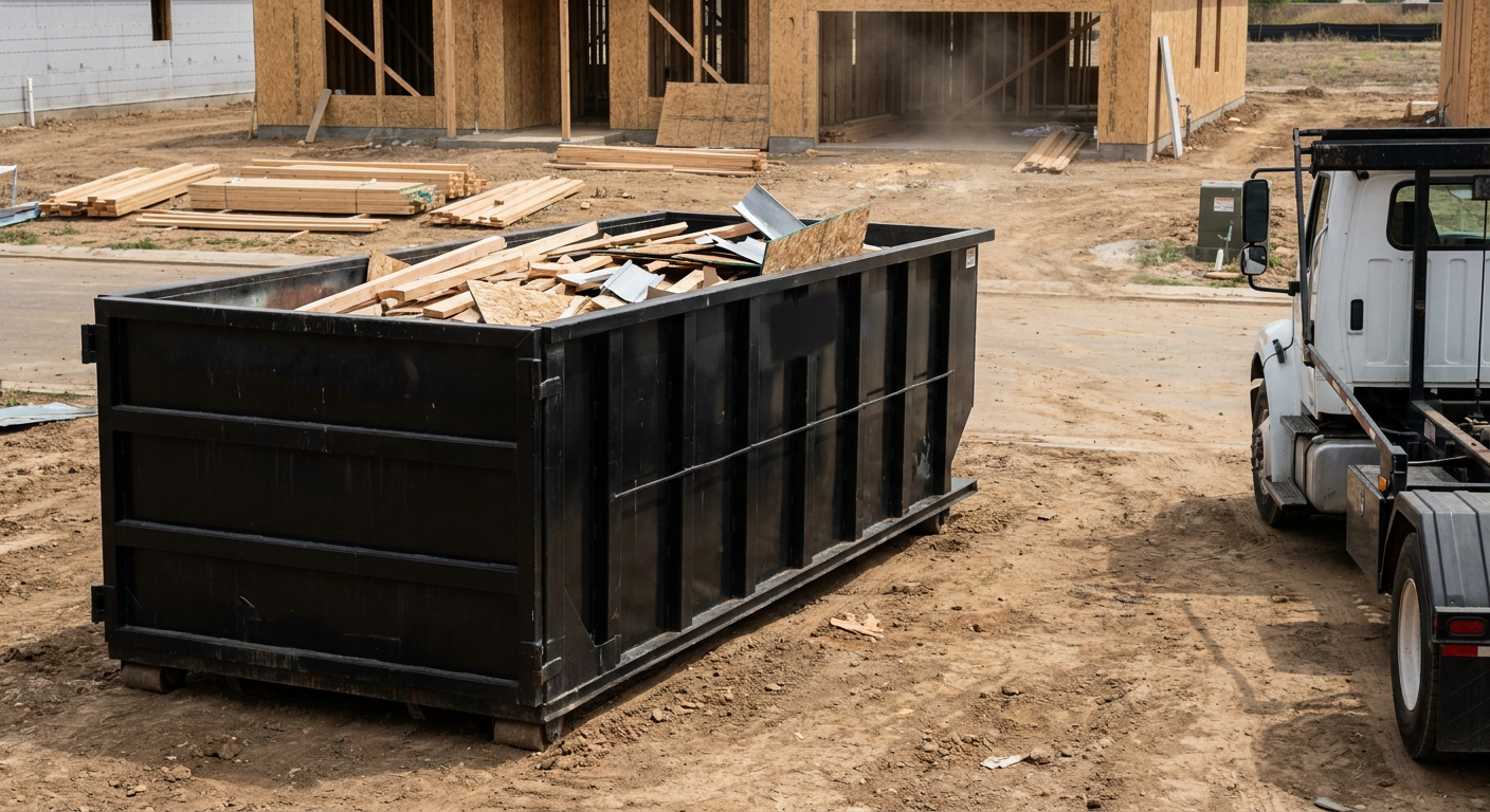 Matte-black 20-yard roll-off construction dumpster with heavy ribbed steel sidewalls and swing rear doors at a working jobsite in Santa Ana, sitting directly on compacted dirt with an unmarked white hauler partially visible at the far edge of the frame.