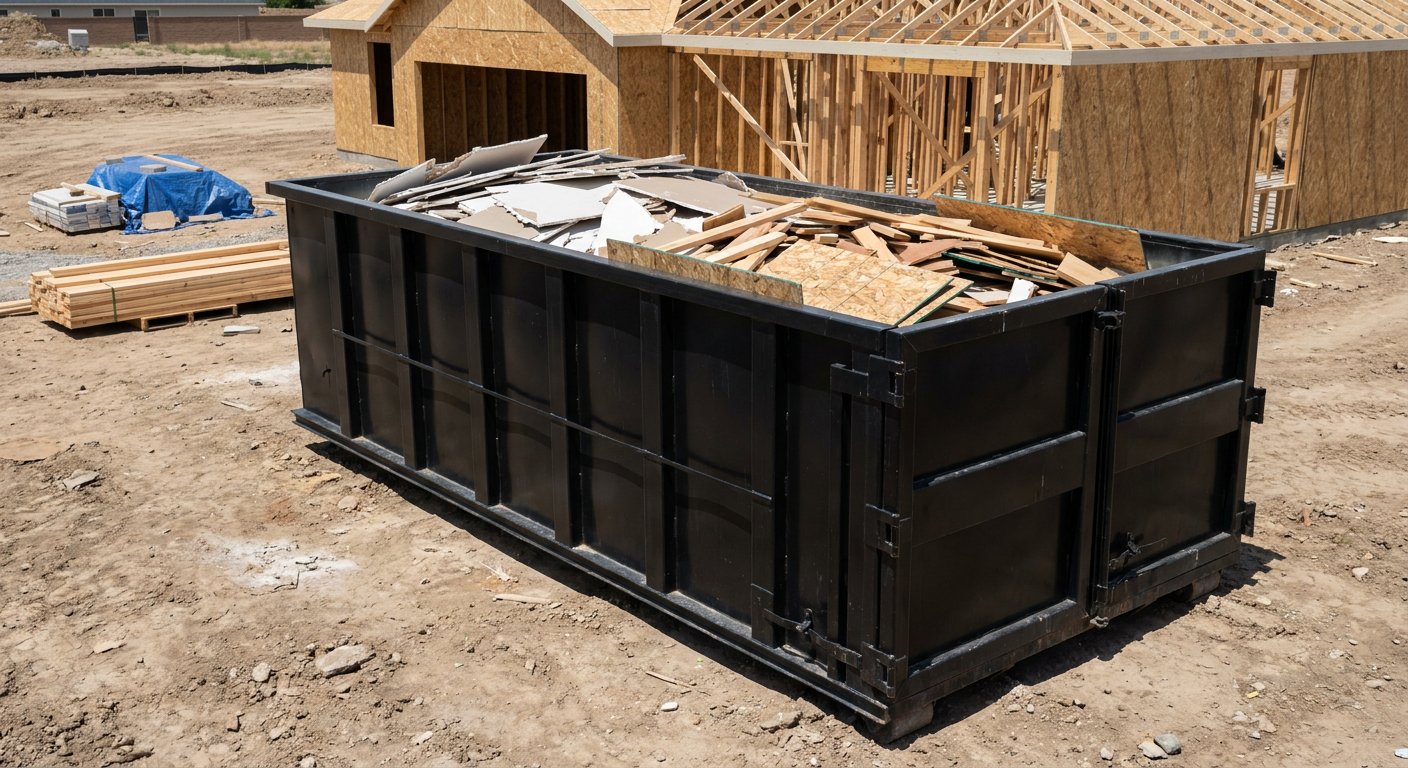 Matte-black 30-yard roll-off construction dumpster sitting directly on the compacted-dirt site of a framed single-family home build in Santa Ana, drywall and lumber scrap loaded inside.