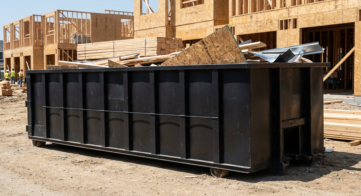 Matte-black 40-yard roll-off construction dumpster being lowered from a white-cab hooklift delivery truck onto the compacted-dirt jobsite at a commercial build site in Santa Ana