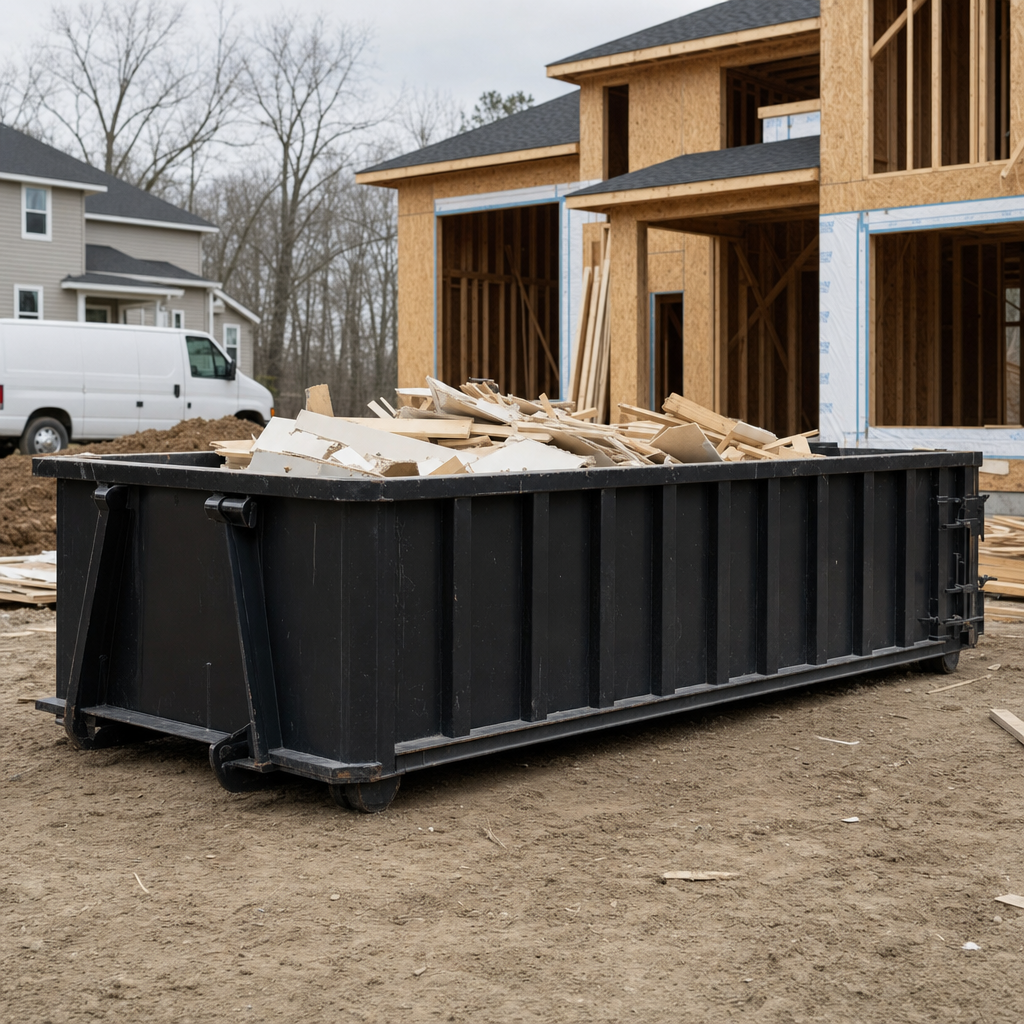 Worker in a yellow high-visibility vest tossing framing lumber and broken drywall into a matte-black 30-yard construction roll-off dumpster on an active build site in Santa Ana, bright daylight