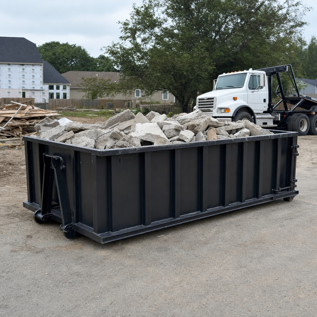 Low-profile matte-black lowboy roll-off dumpster loaded with broken concrete slab and rebar at a foundation tear-out in Santa Ana, skid steer parked beside it, sunny Colorado morning