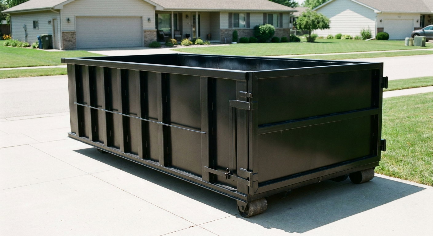 Matte-black 10-yard roll-off dumpster on a residential concrete driveway in Santa Ana, uniformly painted matte black across every panel and rail, ribbed steel sidewalls and rear swing door visible, mid-day daylight.