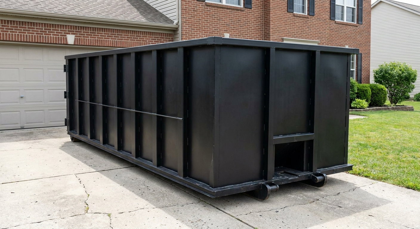 Matte-black 20-yard roll-off container on a Santa Ana residential concrete driveway with reinforced ribbed steel sidewalls and a hinged rear walk-in door, clean bright daylight.