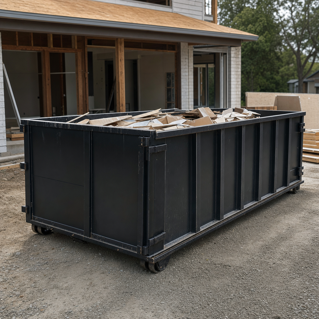 Large matte-black 30-yard construction roll-off dumpster at an active Santa Ana jobsite, steel-gray top rails and bottom rollers visible, loaded with construction debris.