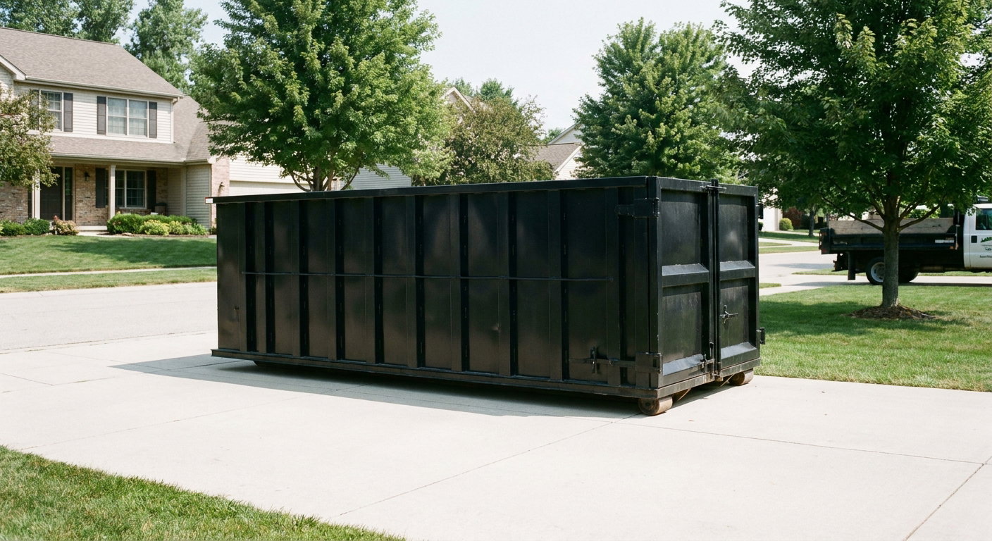 Matte-black 20-yard roll-off dumpster sitting level on a clean Santa Ana residential concrete driveway under bright daylight, demonstrating clean placement directly on the concrete.