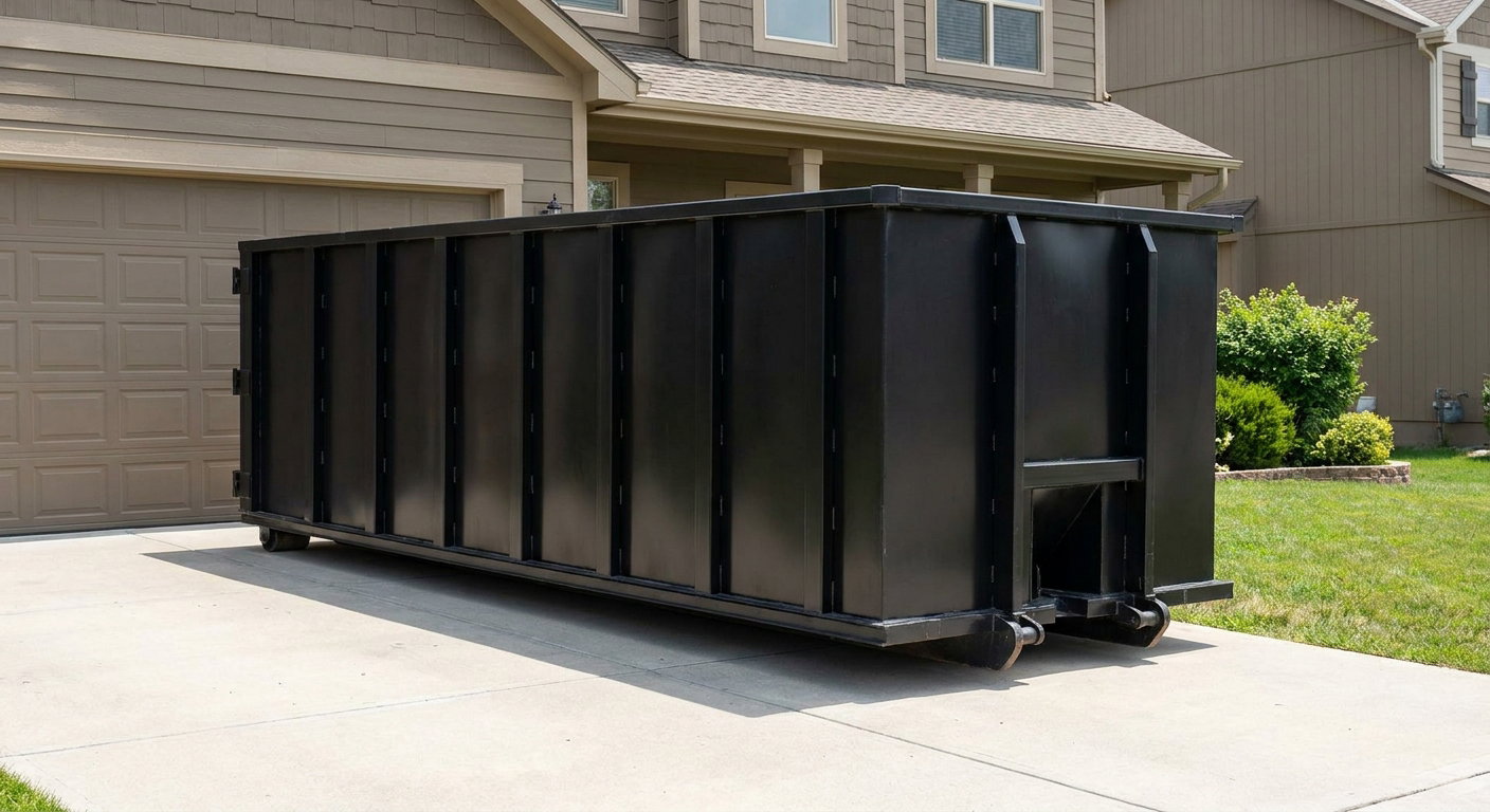 Matte-black residential roll-off dumpster sitting directly on a suburban Santa Ana concrete driveway, garage door closed, single-family home in background, bright morning daylight.