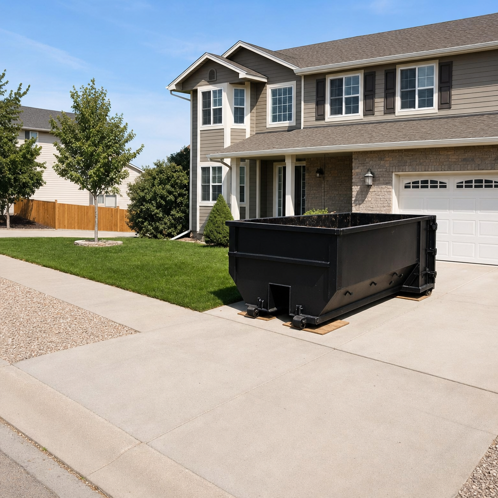 10-yard matte-black residential dumpster placed directly on a narrow Santa Ana concrete driveway, room remains for a parked sedan beside it, mid-morning natural light