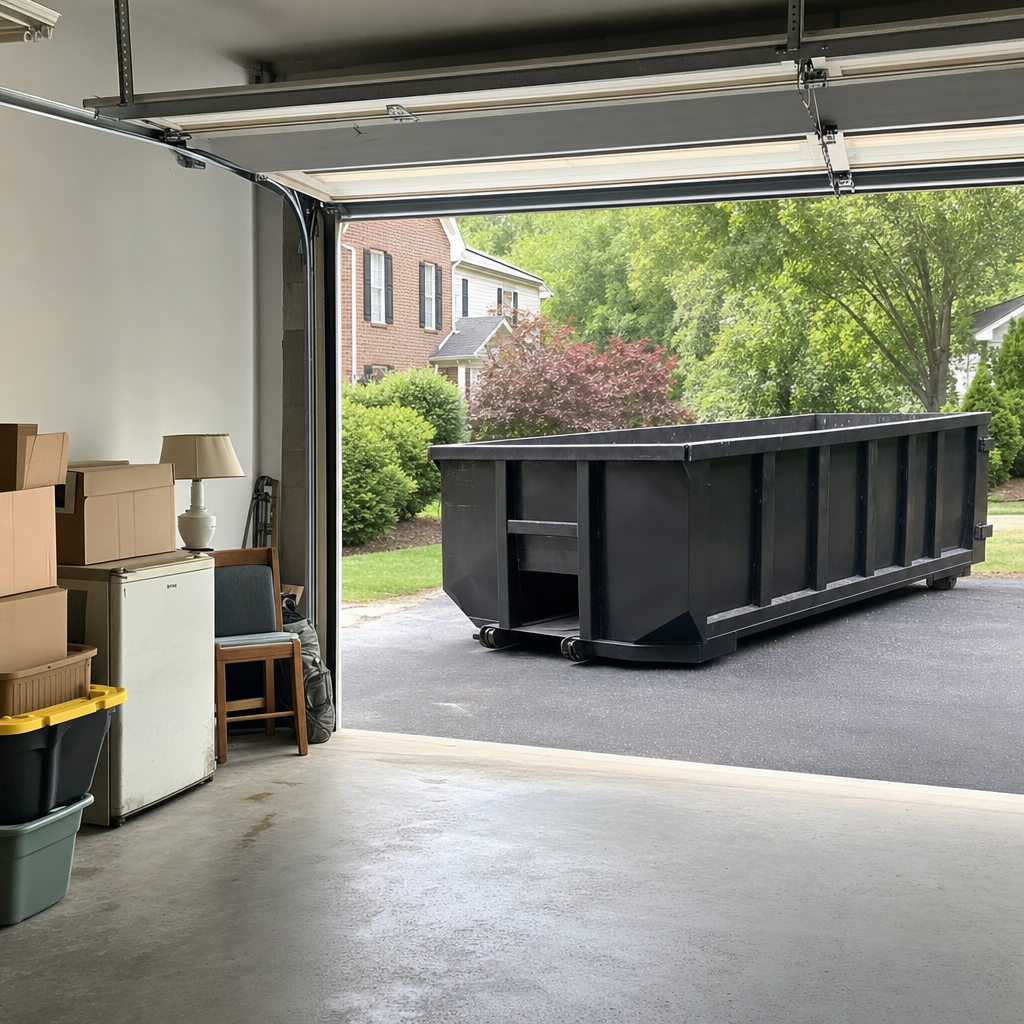 Open garage interior in a Santa Ana home mid-cleanout — boxed items, an old appliance, and stacked yard tools queued near the driveway for a matte-black roll-off dumpster, organized and calm