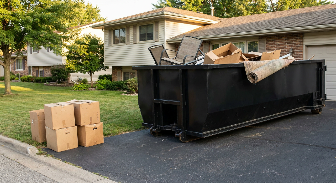 Front-yard view of a Santa Ana split-level home with a 20-yard matte-black roll-off dumpster sitting directly on the asphalt driveway, a few clearly labeled donation boxes staged at the curb, calm sunny afternoon.