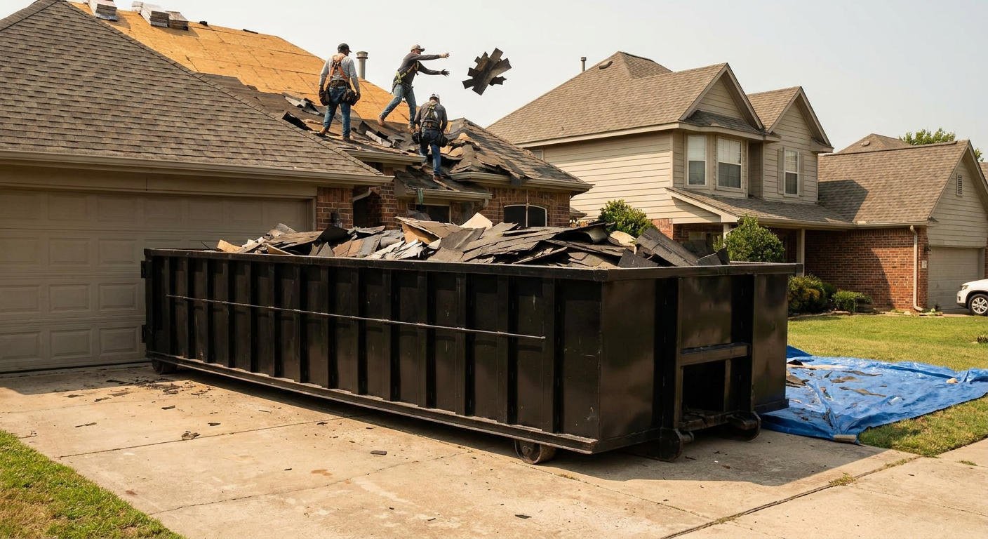 Matte-black roofing roll-off dumpster placed directly on a Santa Ana residential concrete driveway, a tear-off crew on a two-story asphalt-shingle roof tossing shingle bundles into the low-walled container, bright daylight, documentary 35mm perspective.