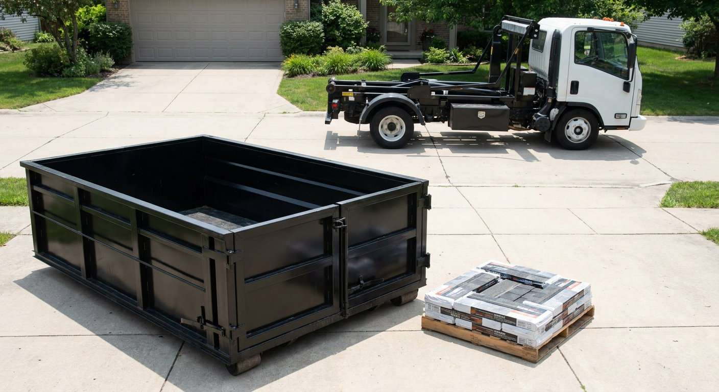 Matte-black 15-yard roofing roll-off dumpster with reinforced low side walls sitting directly on a Santa Ana residential concrete driveway, three-tab asphalt shingle bundles stacked nearby, an unmarked white hauler truck partially visible at the edge of the frame.