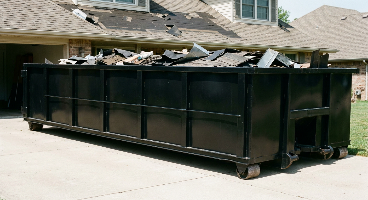 Matte-black 20-yard roofing roll-off dumpster with steel ribbed sides and swinging rear door, sitting directly on the concrete driveway of a two-story Santa Ana home, asphalt shingle debris being loaded over the low wall, clean documentary lighting.