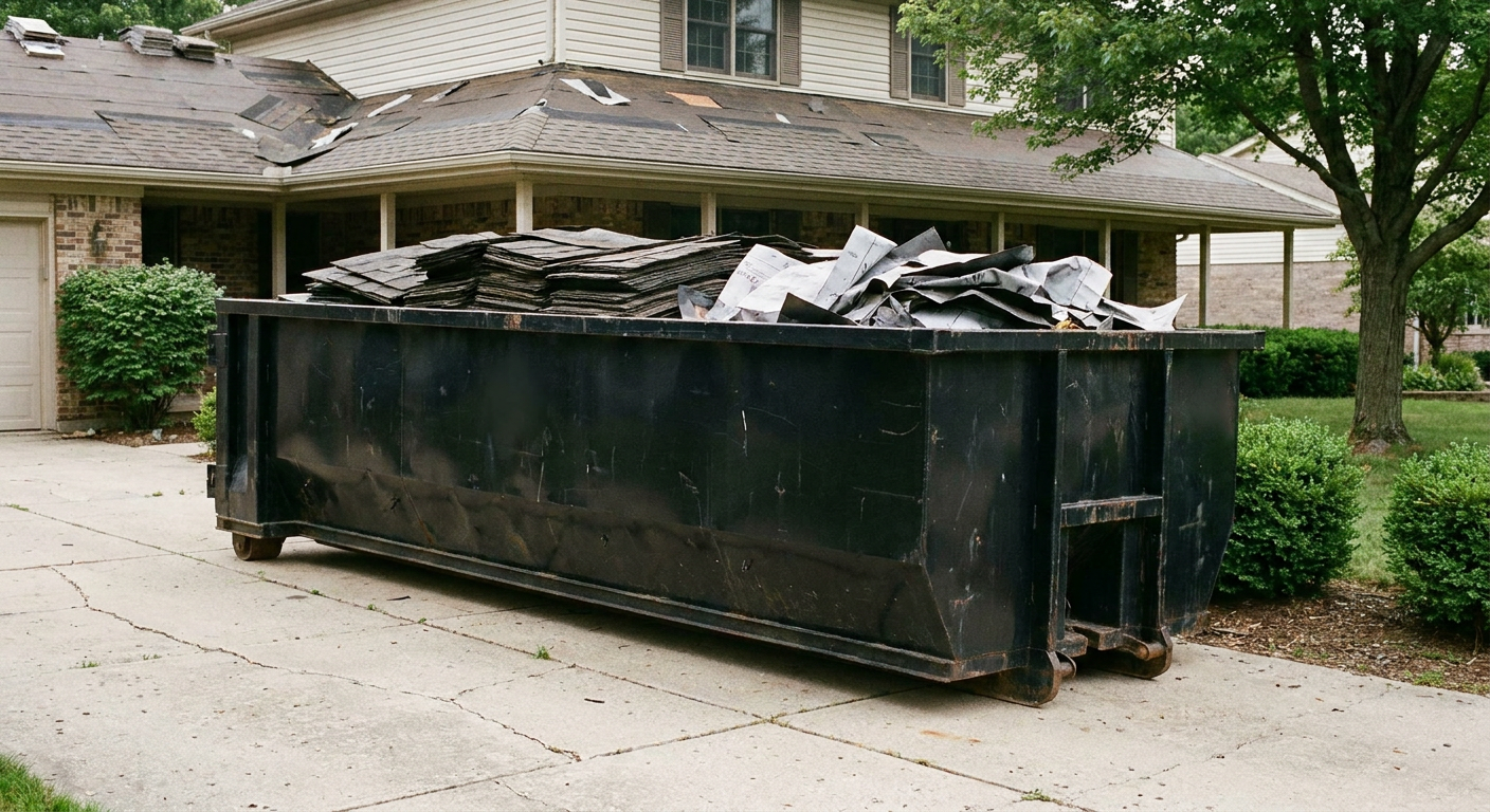 Matte-black 30-yard roofing roll-off dumpster sitting directly on a Santa Ana concrete driveway, taller ribbed steel side panels, mixed tear-off debris of asphalt shingles and underlayment inside, professional documentary daylight.