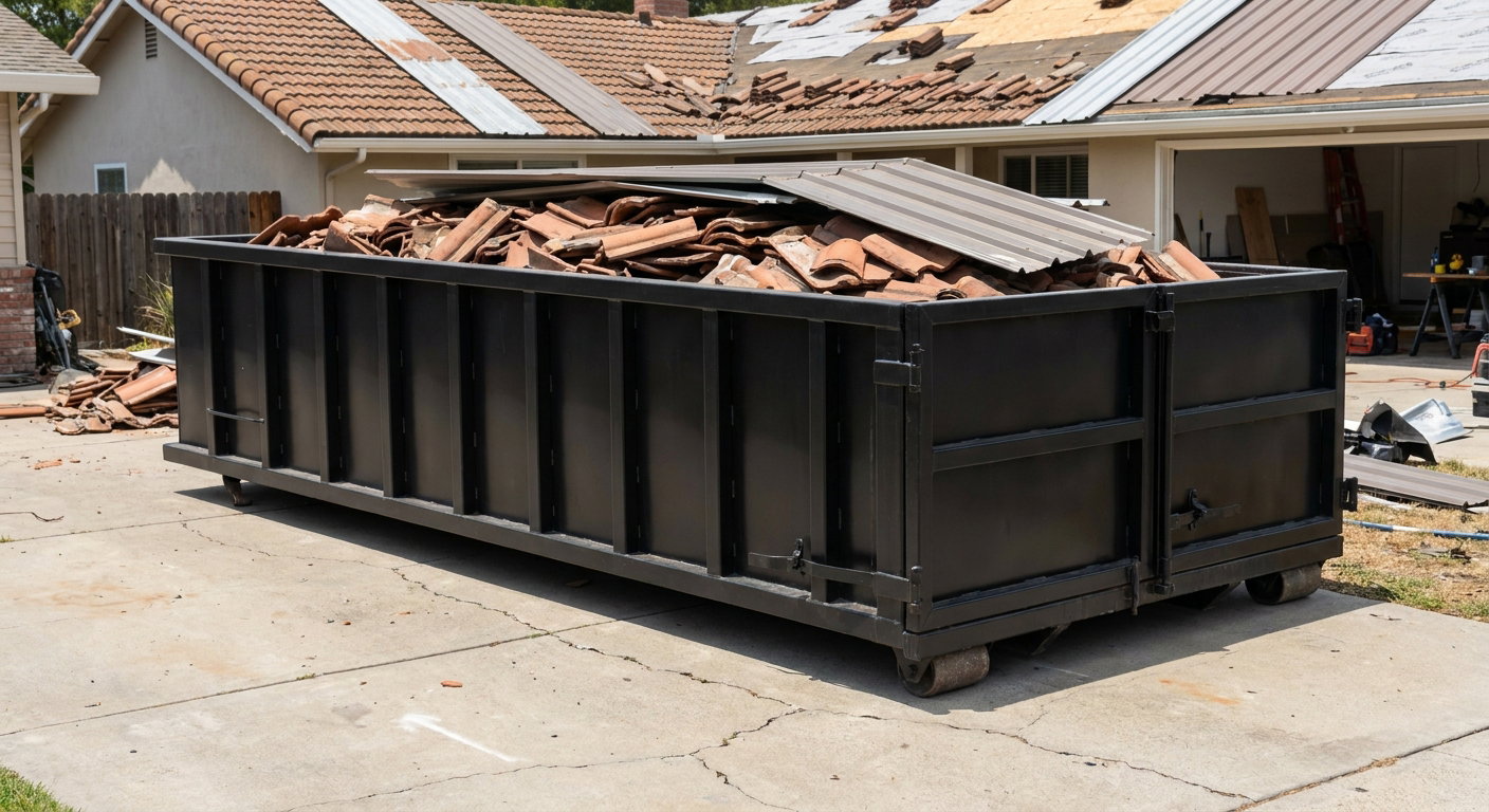 Matte-black low-wall heavy-debris roofing roll-off dumpster sitting directly on a Santa Ana concrete driveway, broken concrete clay roof tiles and metal panel sections loaded inside, reinforced ribbed steel side walls visible, bright outdoor daylight.