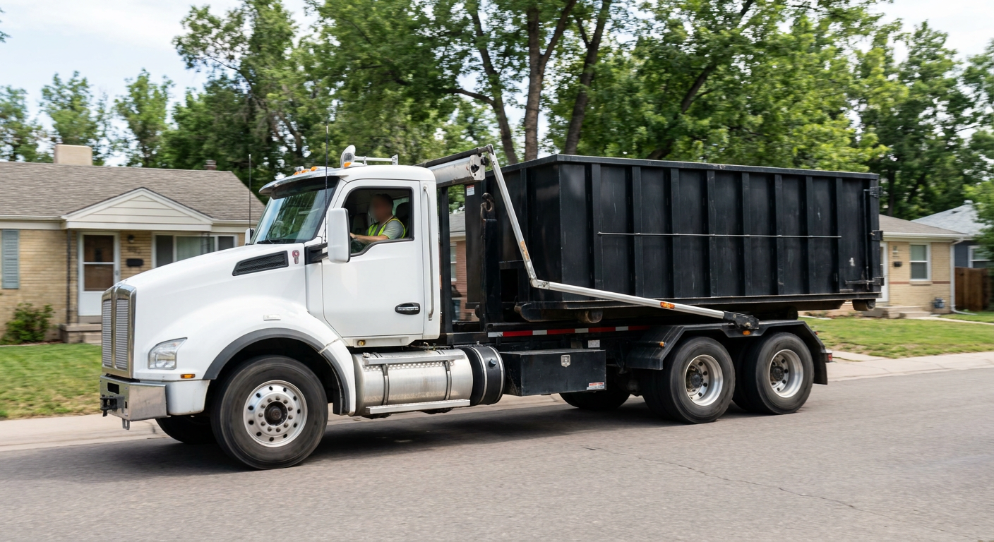 A wide documentary shot of a matte-black roll-off delivery truck pulling onto a quiet Santa Ana residential street at mid-morning, with neighborhood rooftops and tree-lined blocks visible behind, showing the metro coverage footprint.
