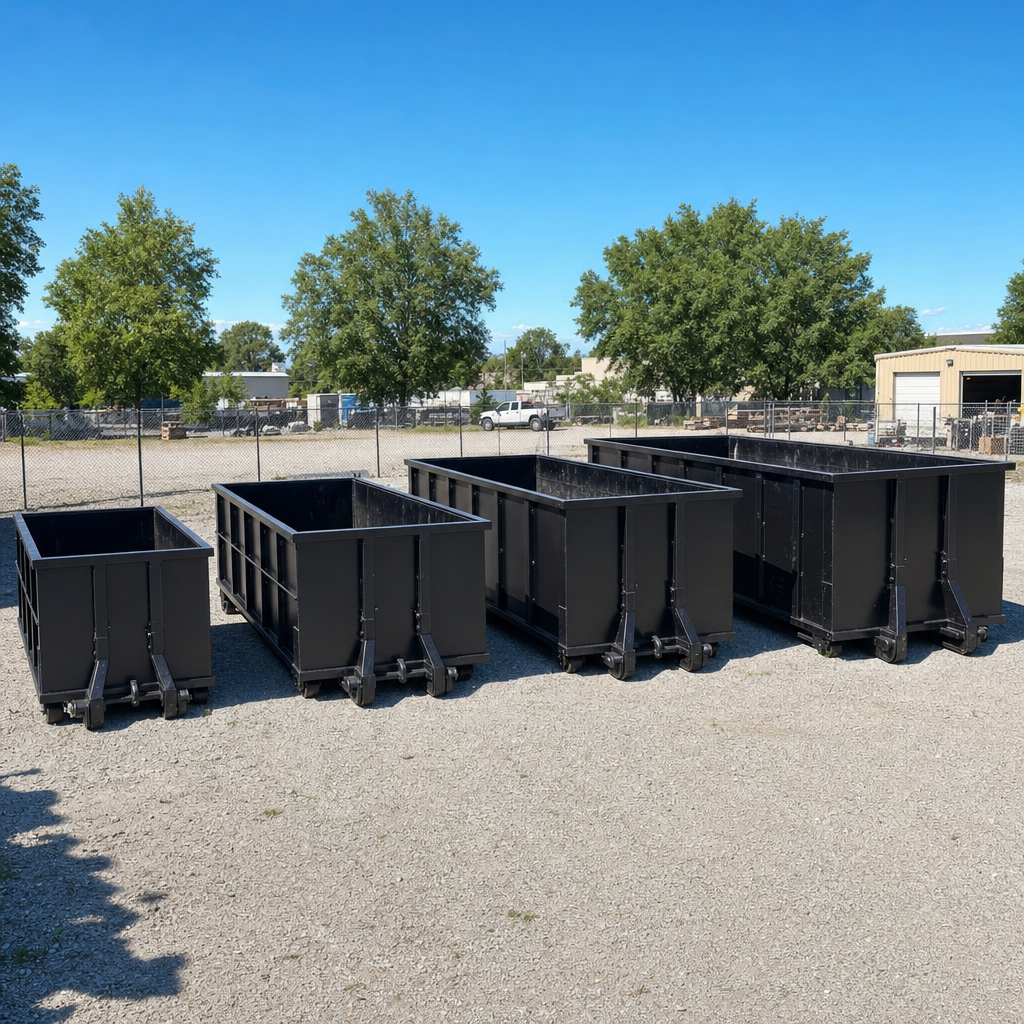 A clean lineup of matte-black roll-off dumpsters in 10, 20, 30, and 40-yard sizes staged on a sunlit gravel yard in Santa Ana, showing the size progression from compact to commercial-scale containers.