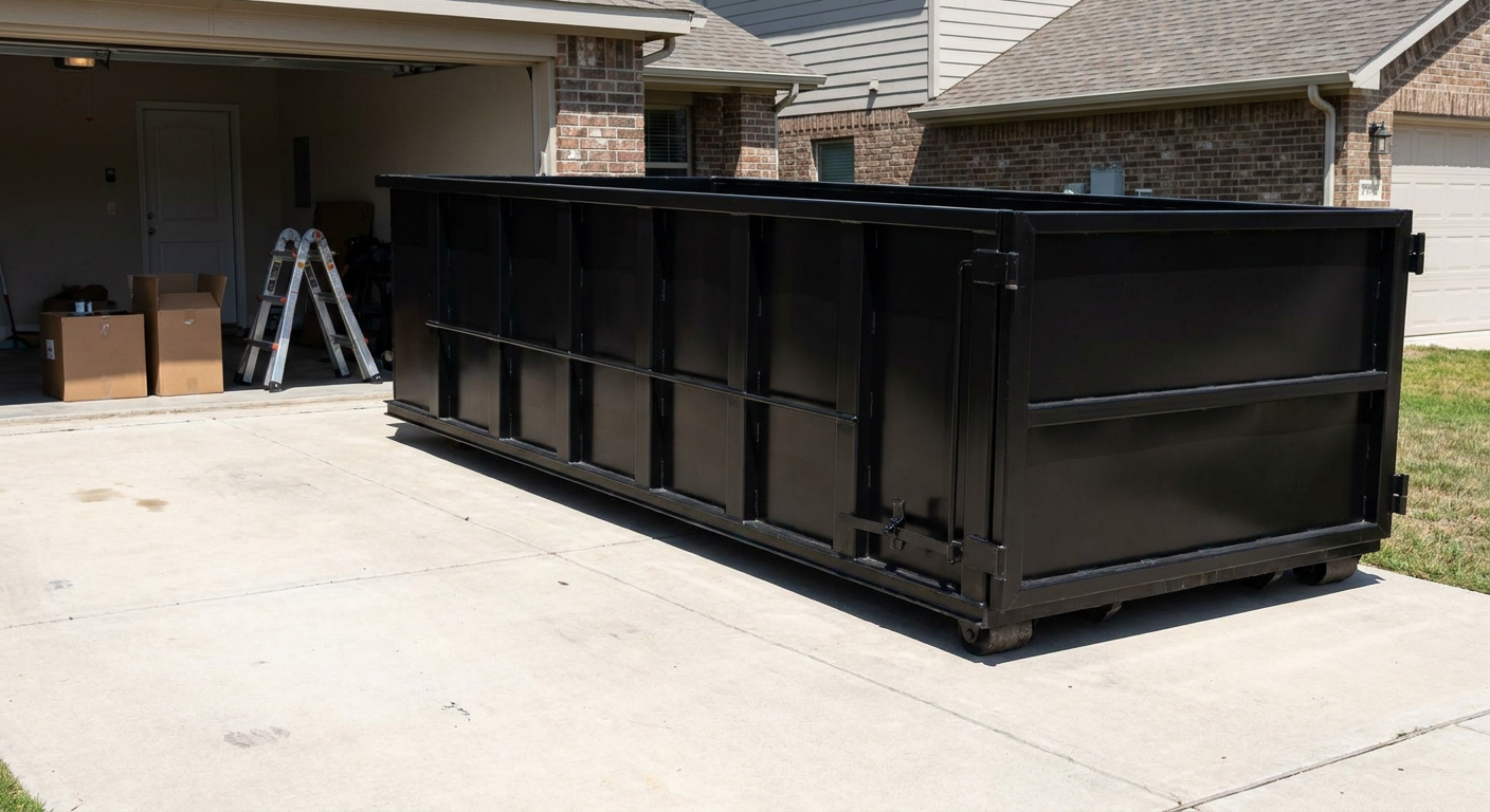 A matte-black 10-yard roll-off dumpster sitting directly on a residential Santa Ana concrete driveway, mid-day sunlight, clean and ready for a garage cleanout.