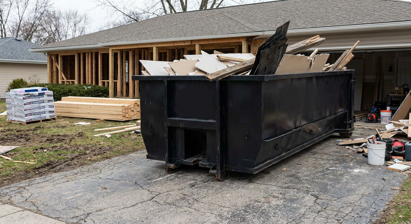 A matte-black 20-yard roll-off dumpster placed alongside a mid-renovation Santa Ana home directly on the asphalt driveway, with framing materials and torn-off shingles staged neatly nearby.