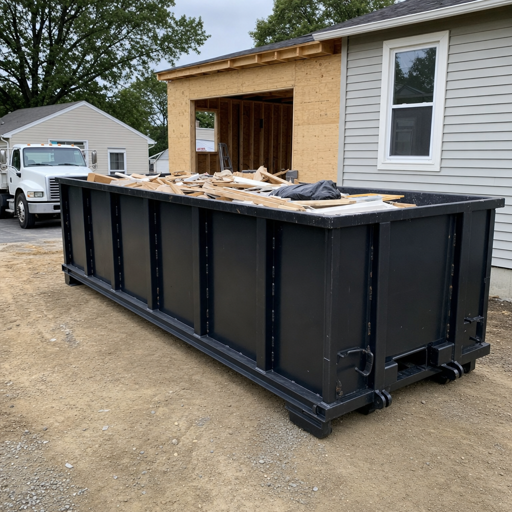 A matte-black 30-yard roll-off dumpster positioned at a Santa Ana residential addition jobsite, with framing lumber and drywall scraps loaded through the open swinging rear doors.