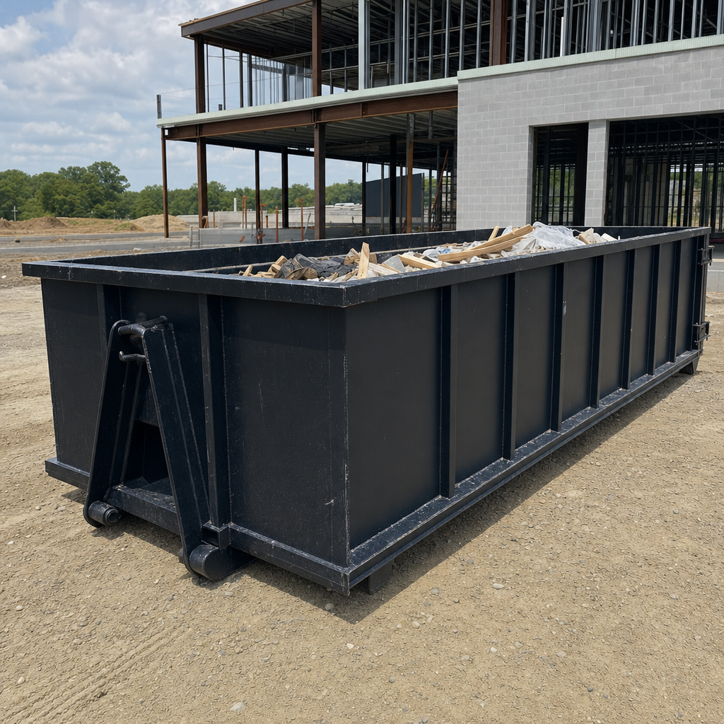 A matte-black 40-yard roll-off dumpster staged on a large Santa Ana commercial construction lot, with a hooklift delivery truck parked alongside under bright midday sky.
