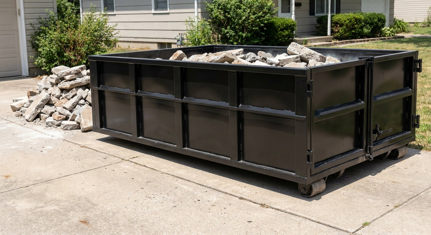 A matte-black low-side heavy-debris roll-off dumpster placed directly on a Santa Ana concrete driveway, with broken concrete chunks neatly stacked beside it under clean daylight.